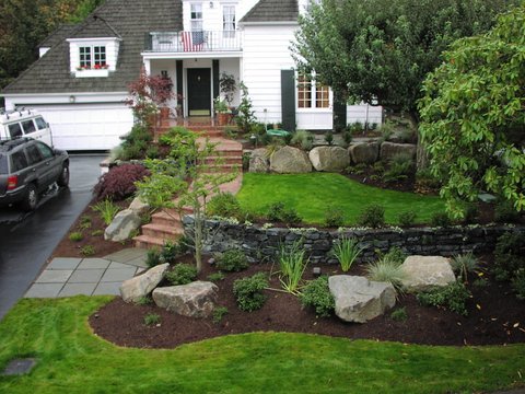 Manicured front-entry landscape designed by Environmental Construction Inc. in Kirkland WA