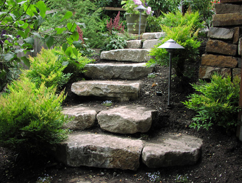 Stone steps landscaped with greenery by Environmental Construction Inc. in Kirkland WA
